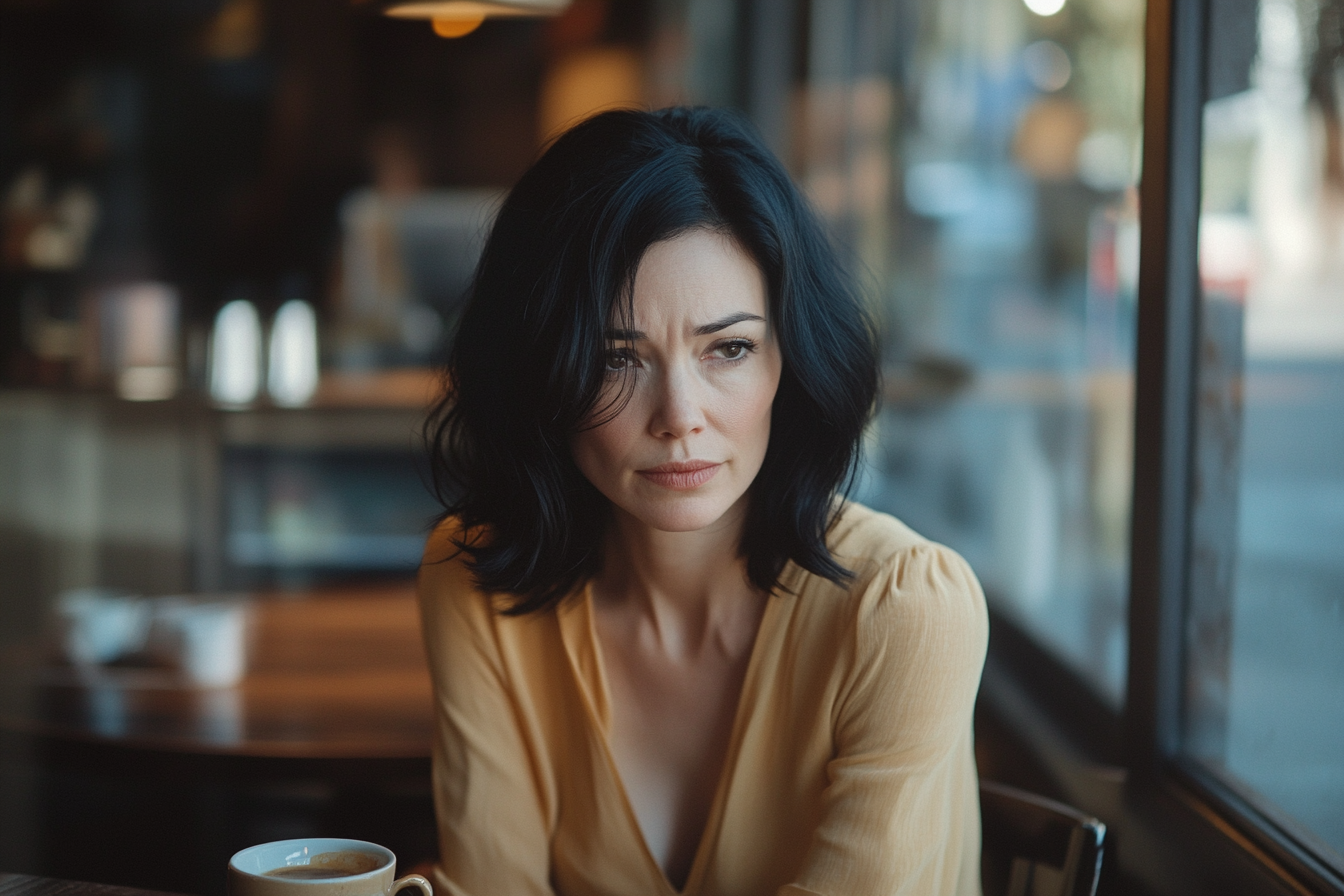 A woman in a yellow dress, looking sad and sitting at a coffee shop table | Source: Midjourney