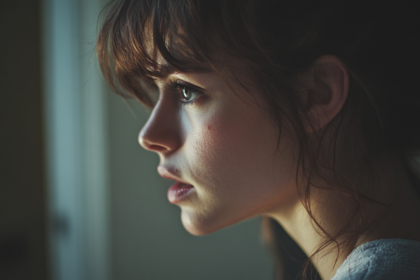 A woman with her mouth slightly open in a house | Source: Midjourney