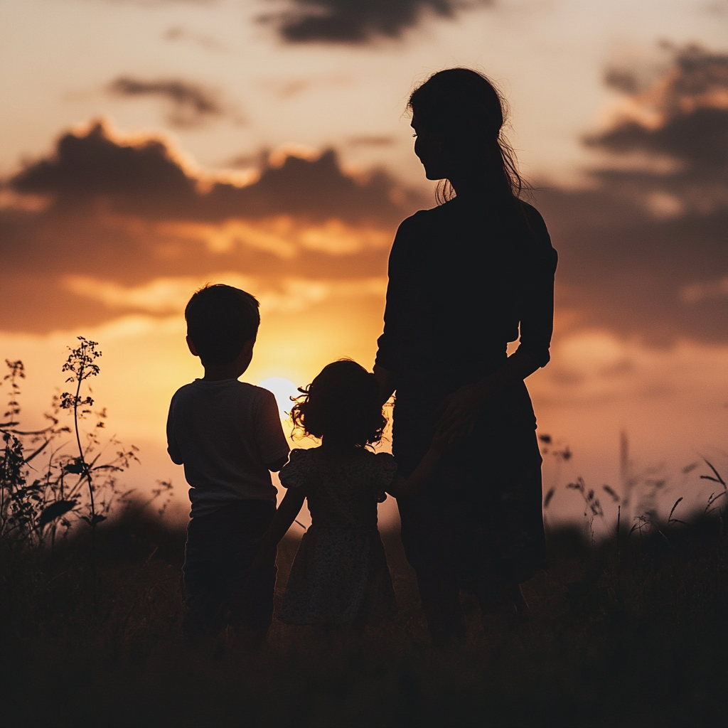 Silhouette of a mother with her two children | Source: Midjourney