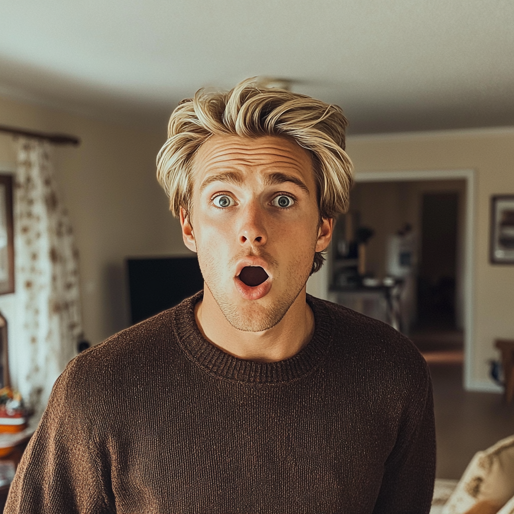 A shocked man standing in a living room | Source: Midjourney