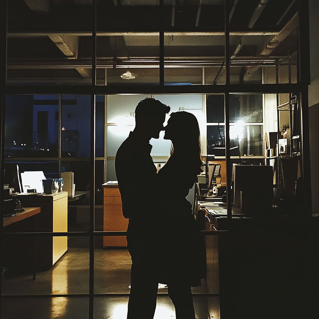 A couple in an office at night | Source: Midjourney