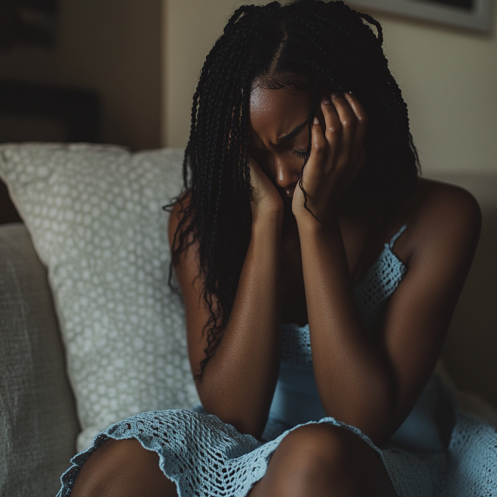 A woman holding her head | Source: Midjourney