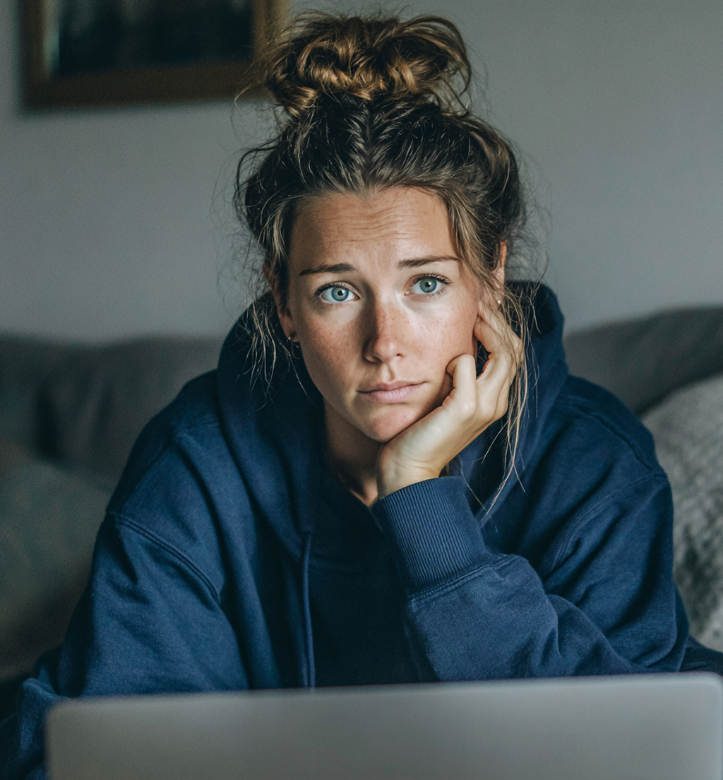 A woman sitting on a couch and using her laptop | Source: Midjourney