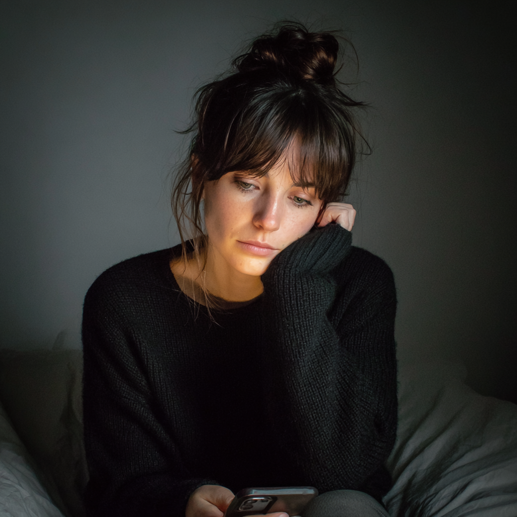 A pensive woman using her cellphone | Source: Midjourney