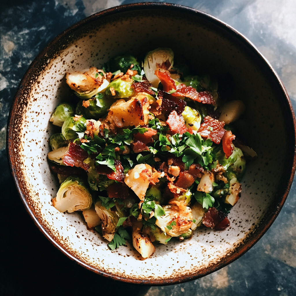 A bowl of brussels sprouts and bacon | Source: Midjourney