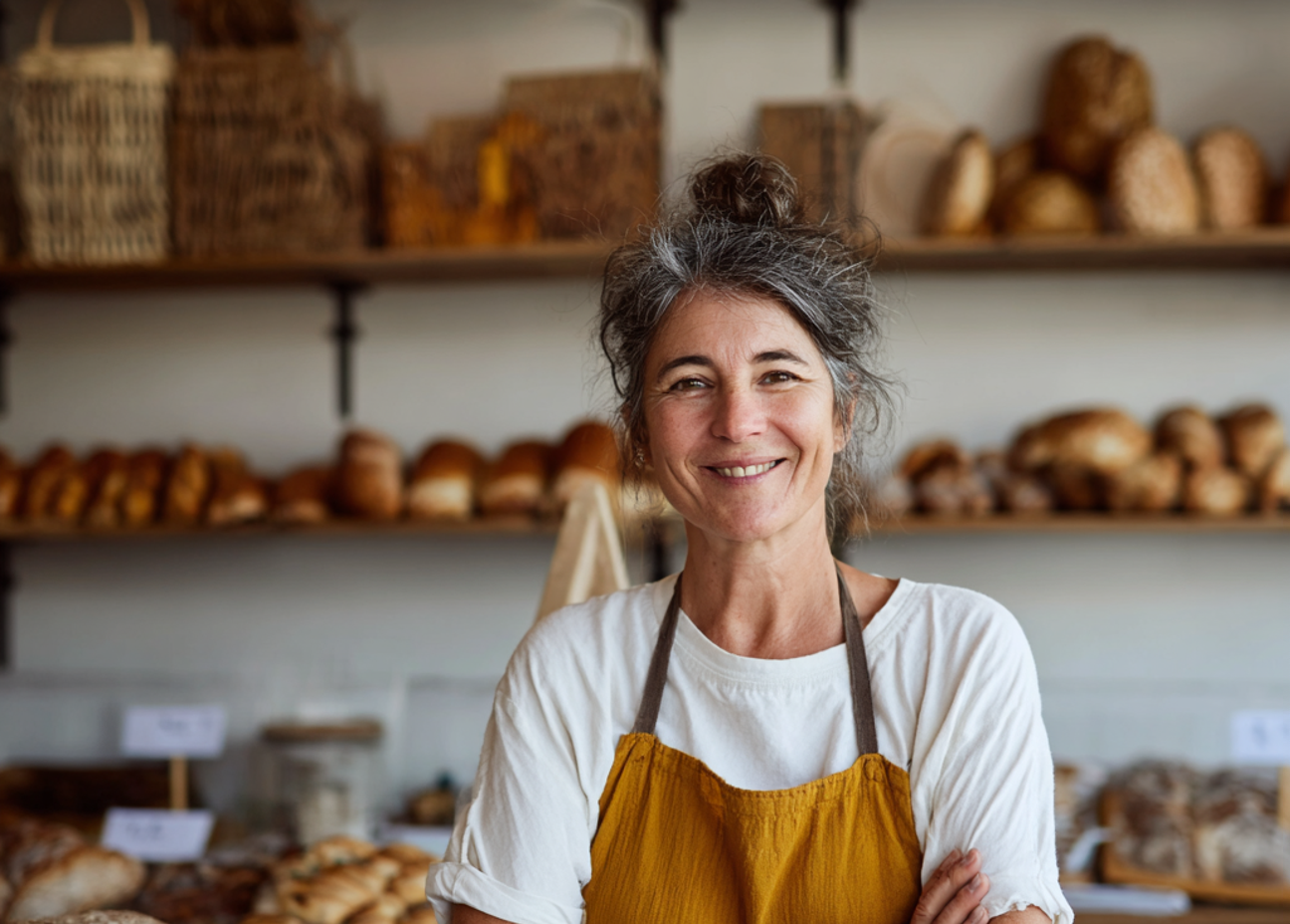 A smiling woman standing in a bakery | Source: Midjourney