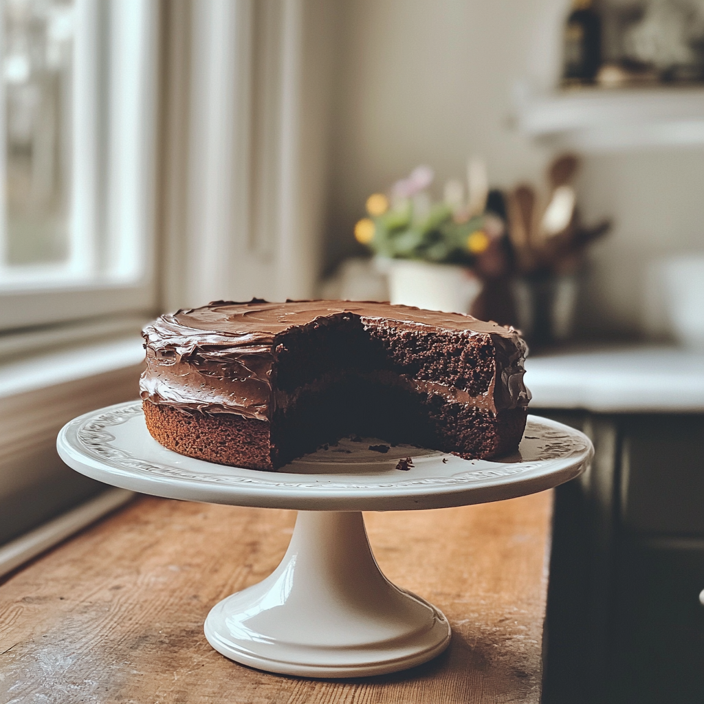 A chocolate cake on a cake stand | Source: Midjourney