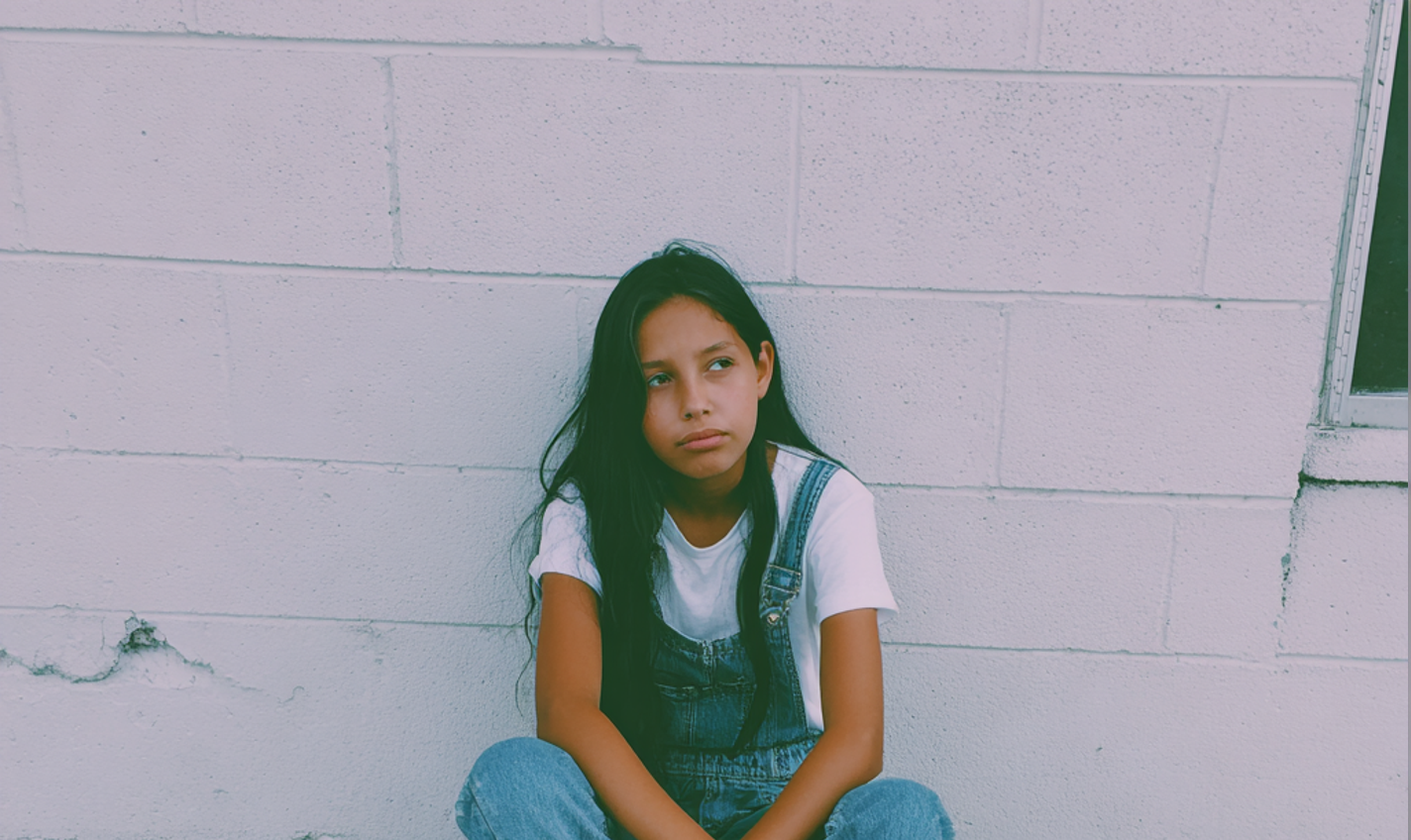 A close up of a little girl sitting on a side walk | Source: Midjourney