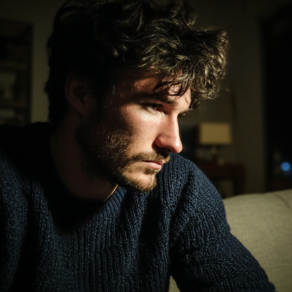 A pensive man sitting on a couch | Source: Midjourney