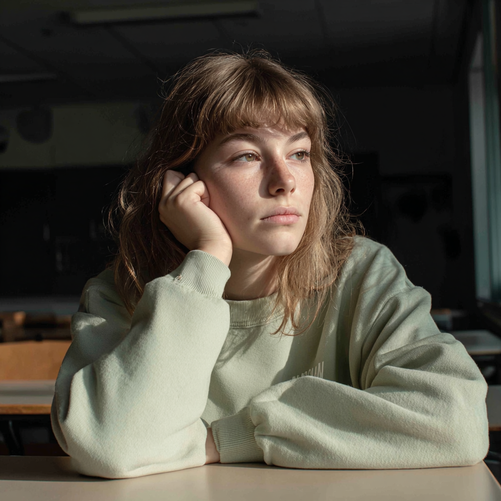 An upset teenage girl sitting in a classroom | Source: Midjourney