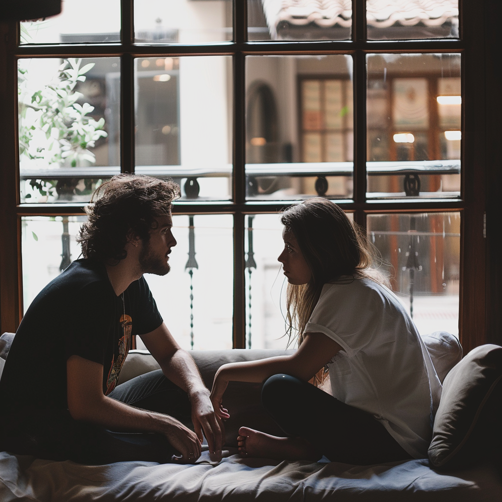 Um casal sentado no sofá e conversando | Fonte: Midjourney