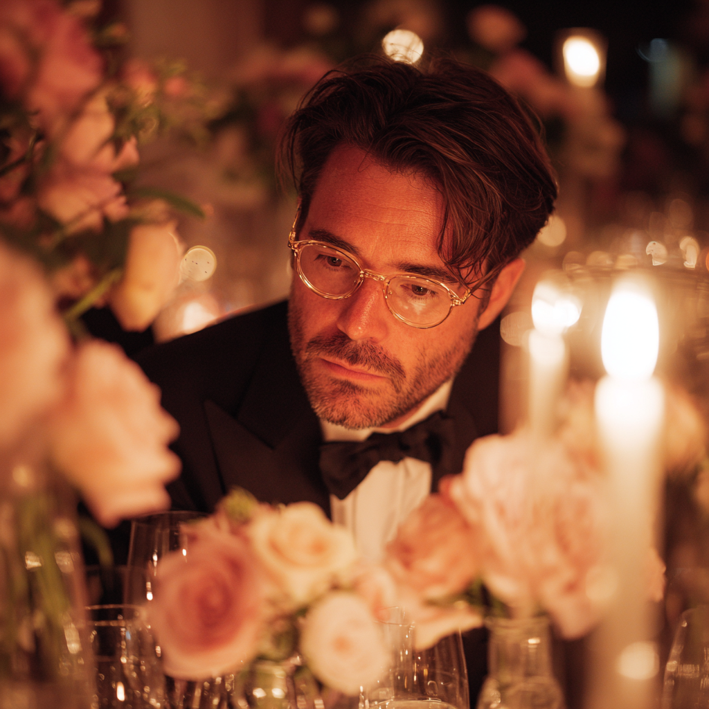 An upset groom looking down at the table | Source: Midjourney