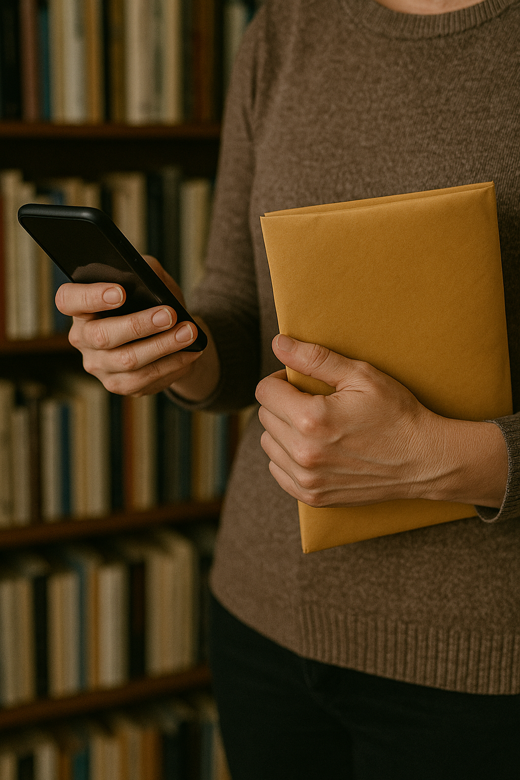 A woman holding a phone in one hand and an envelope in the other | Source: DALL-E