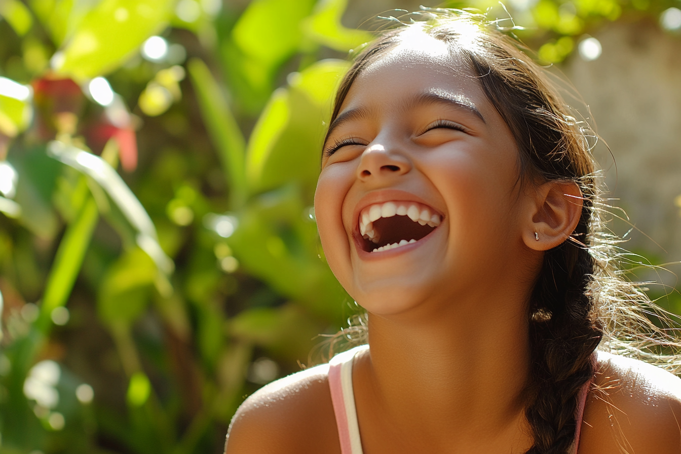 A girl laughing while playing outdoors | Source: Midjourney