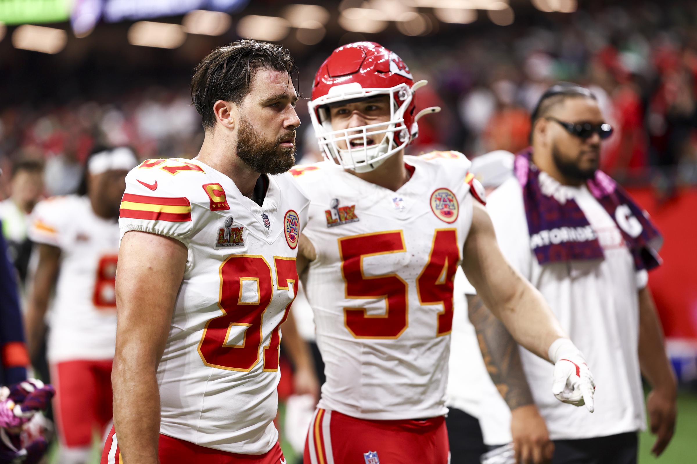 Travis Kelce walking to the locker room after the first half of Super Bowl LIX on February 9, 2025. | Source: Getty Images