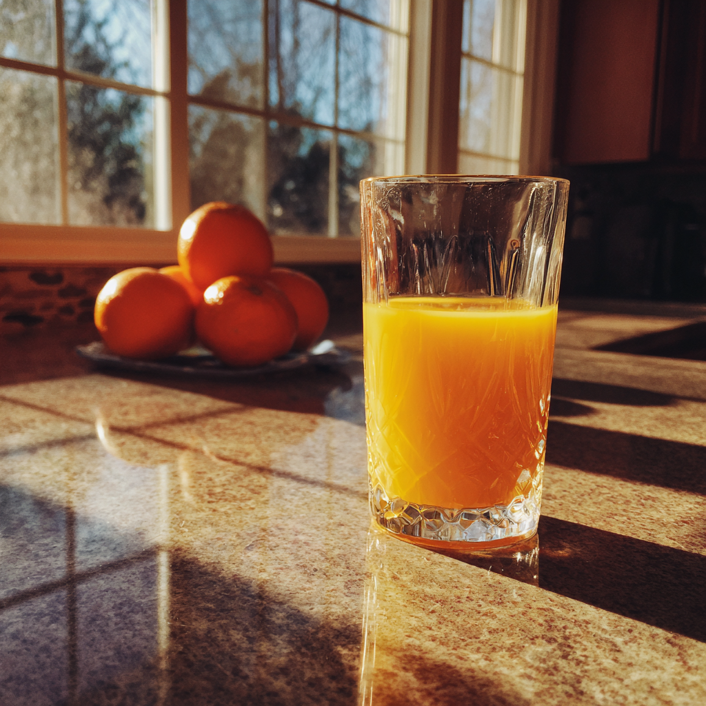 A glass of juice on a kitchen counter | Source: Midjourney
