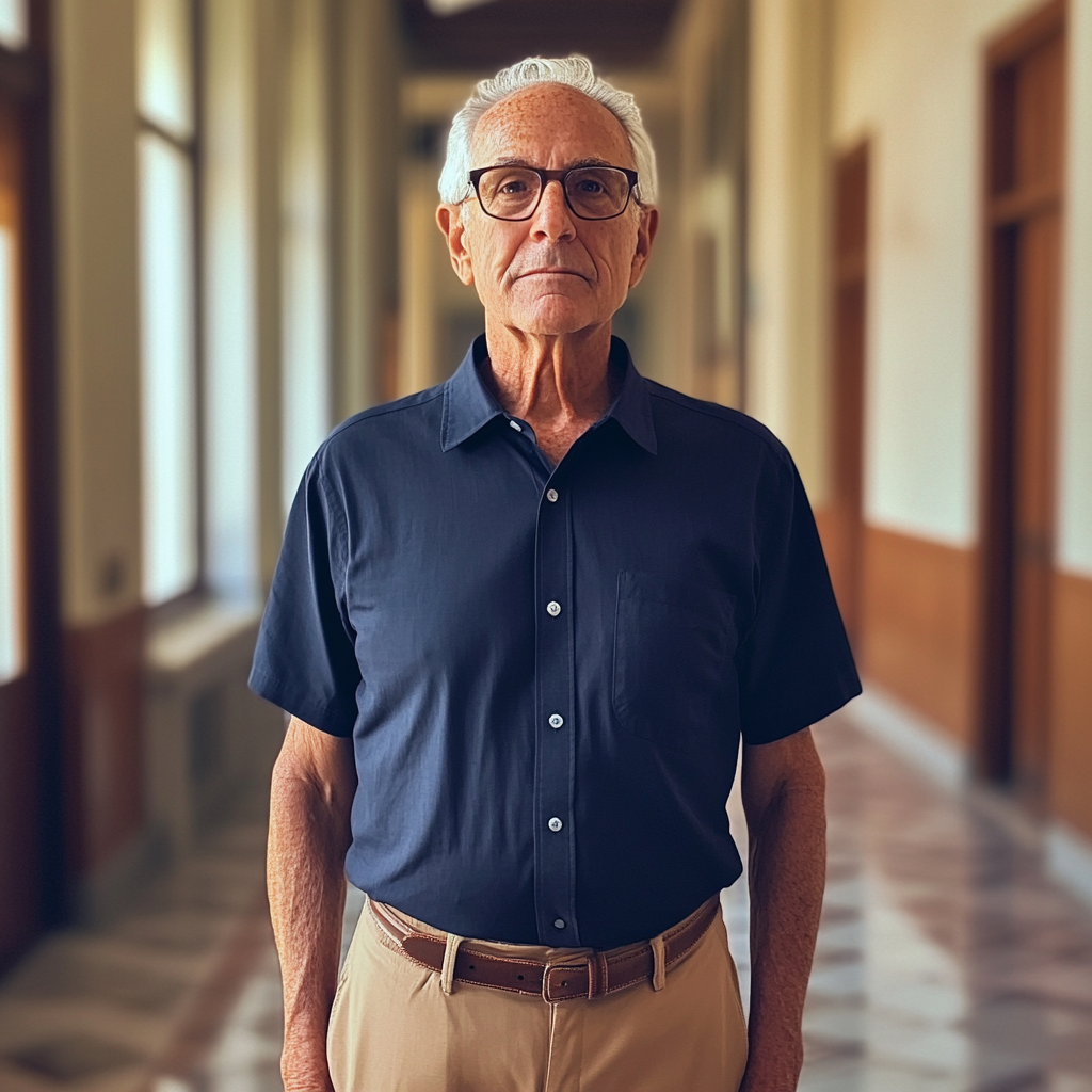 An older man standing in a courthouse hallway | Source: Midjourney