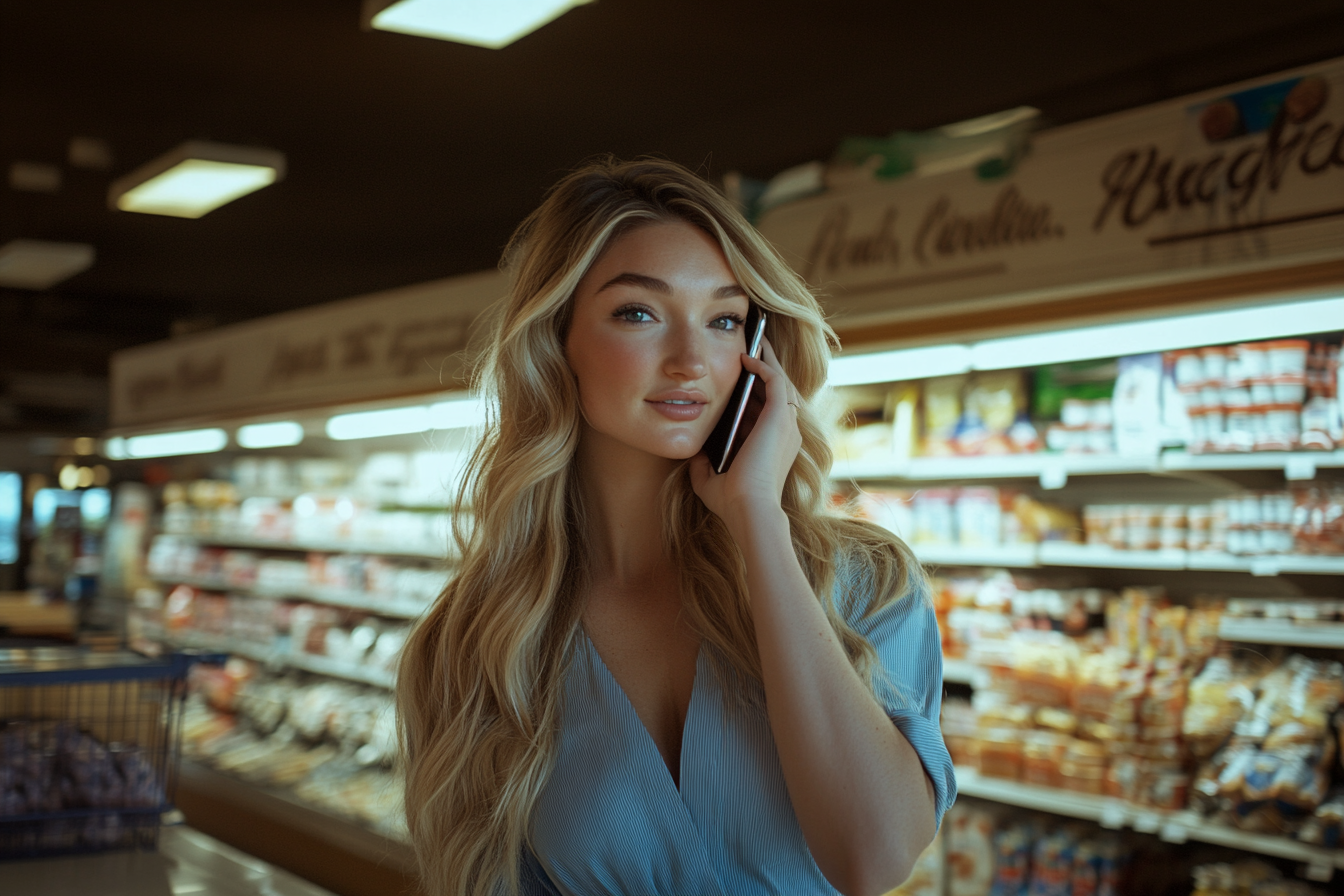 A woman in a grocery store talking on her phone | Source: Midjourney