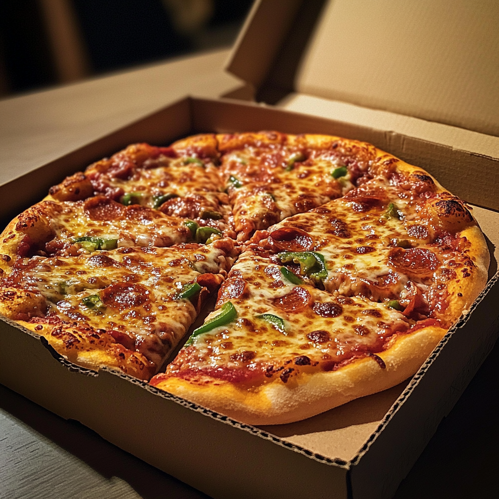 Uma caixa de pizza em uma mesa de jantar | Fonte: Midjourney