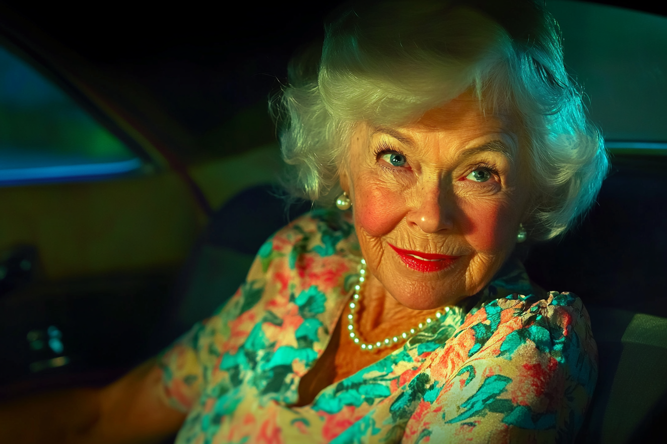 A woman smiling while staring out a car window | Source: Midjourney