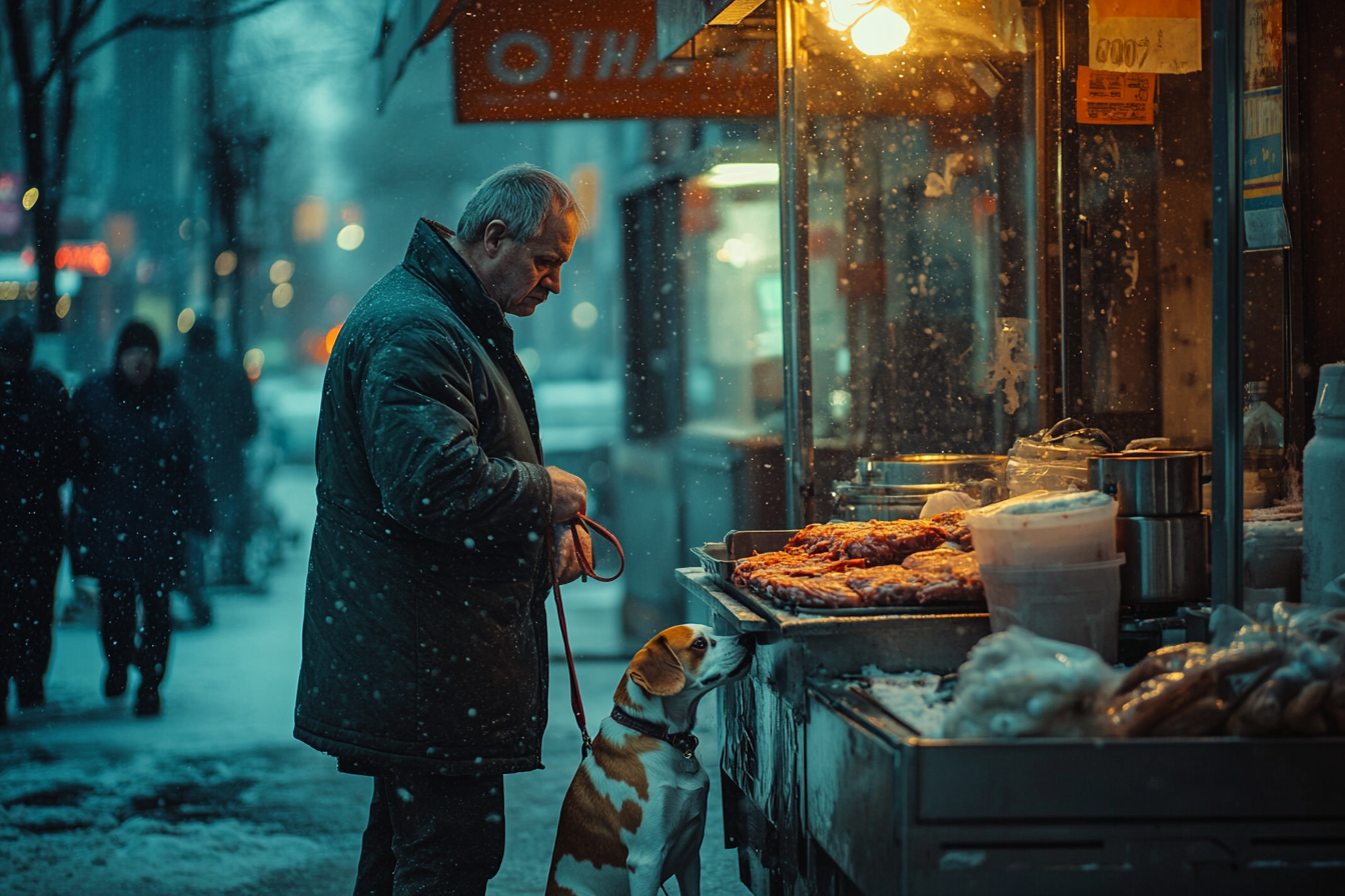 Un sans-abri avec un chien devant un stand de shawarma un jour de neige | Source : Midjourney