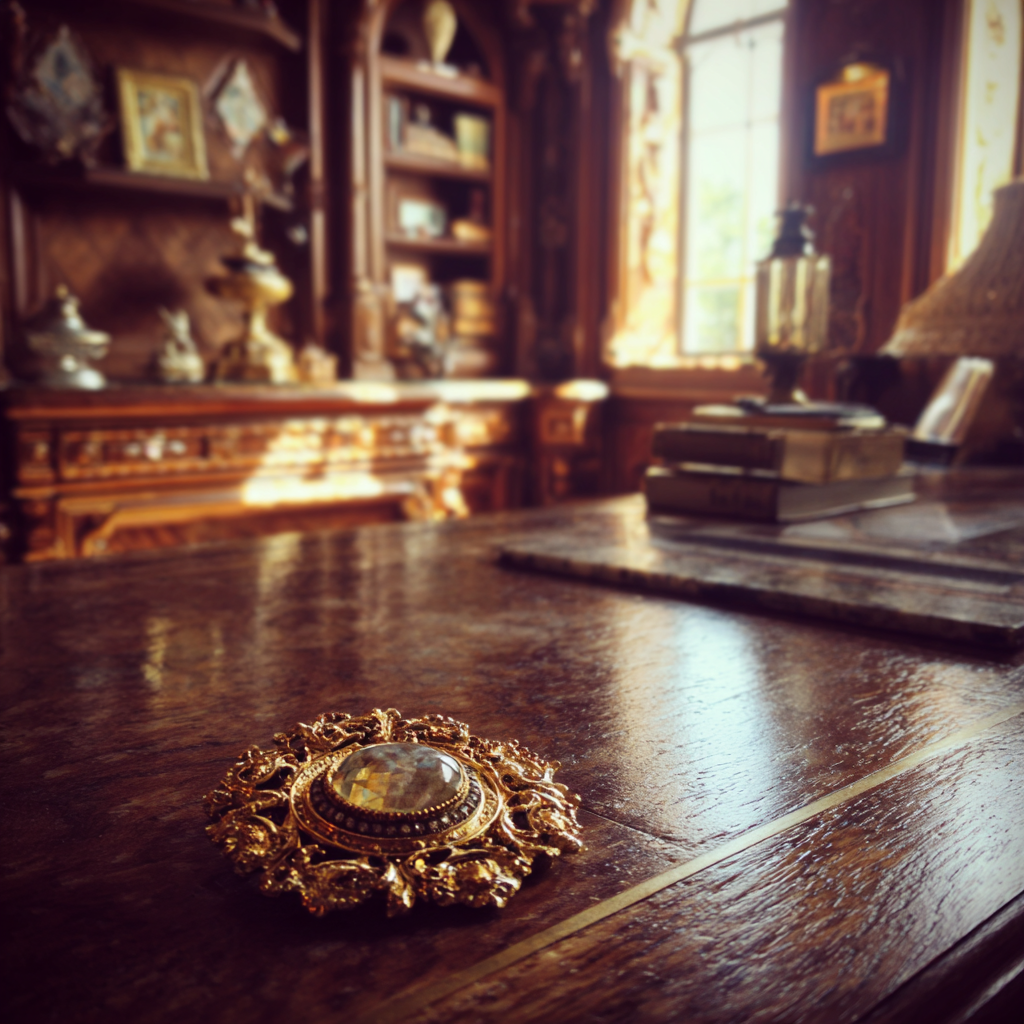 A gold brooch on a desk | Source: Midjourney