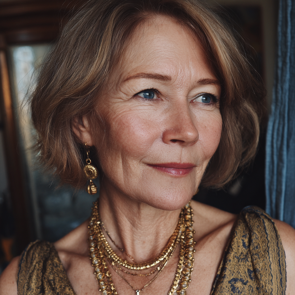 A smug older woman wearing gold jewelry | Source: Midjourney