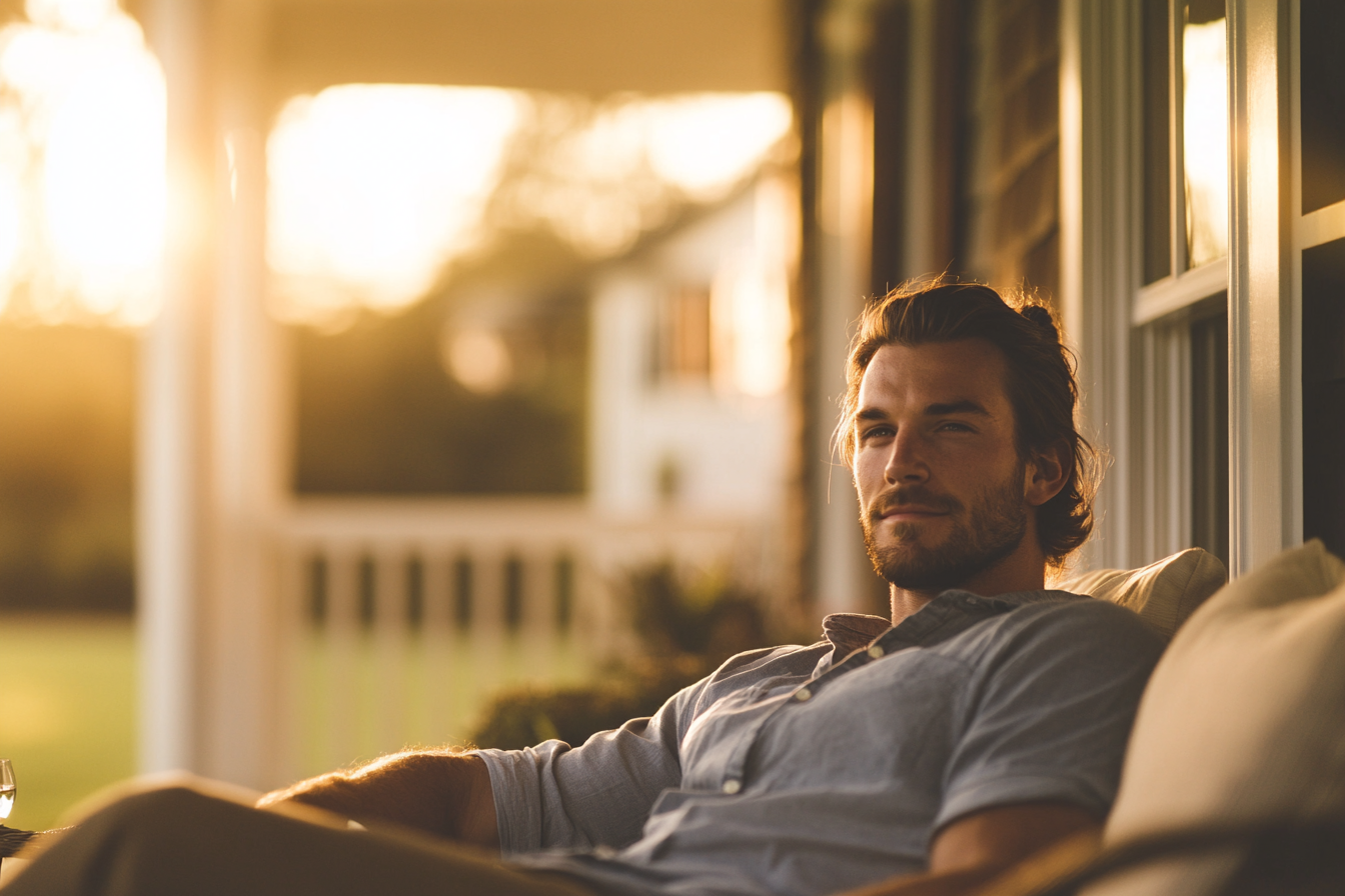 A man sits on a porch looking curious | Source: Midjourney