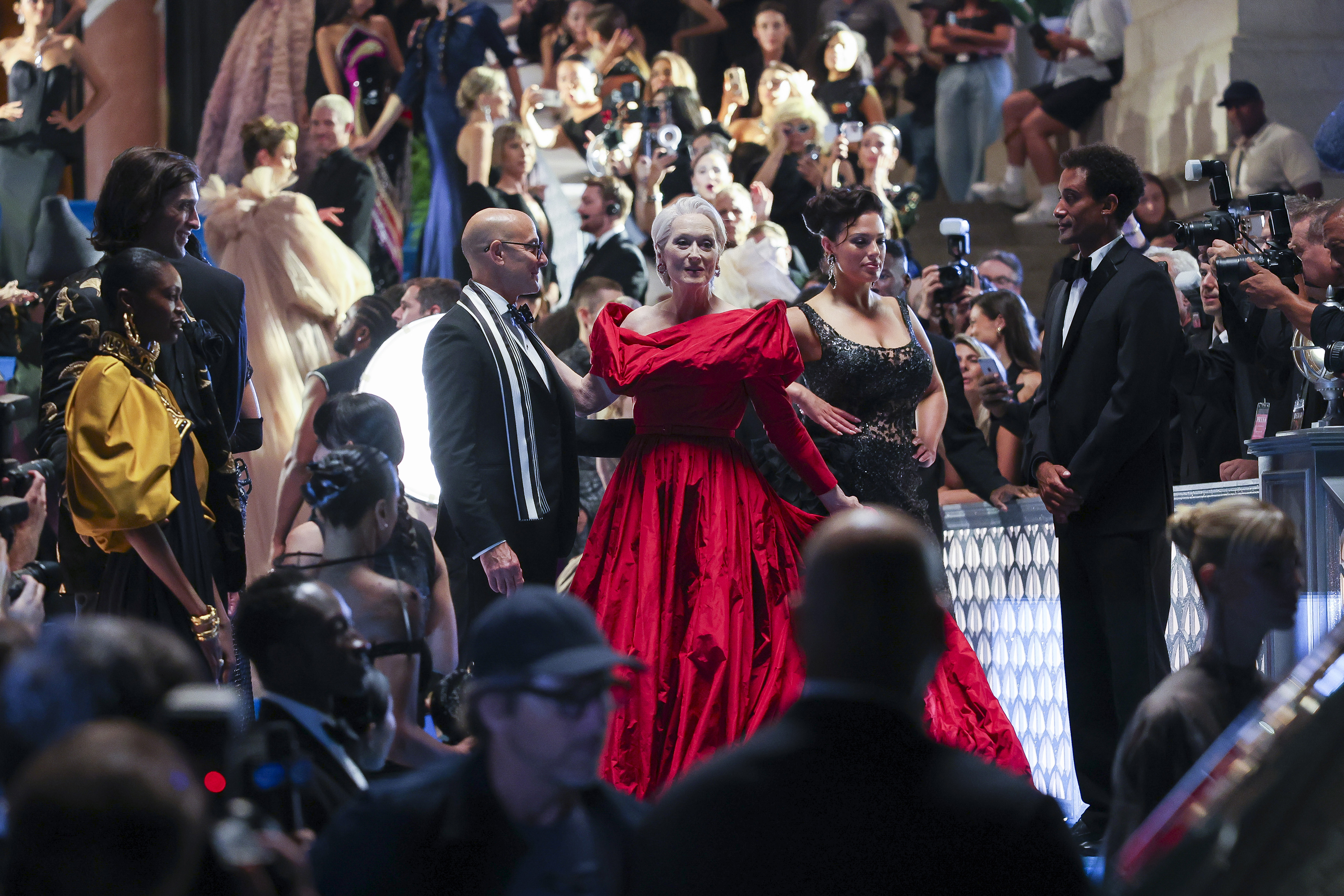 Meryl Streep, Stanley Tucci and Ashley Graham are seen on the set of "Devil Wears Prada II" at the Museum of Natural History on August 01, 2025 in New York City. | Source: Getty Images