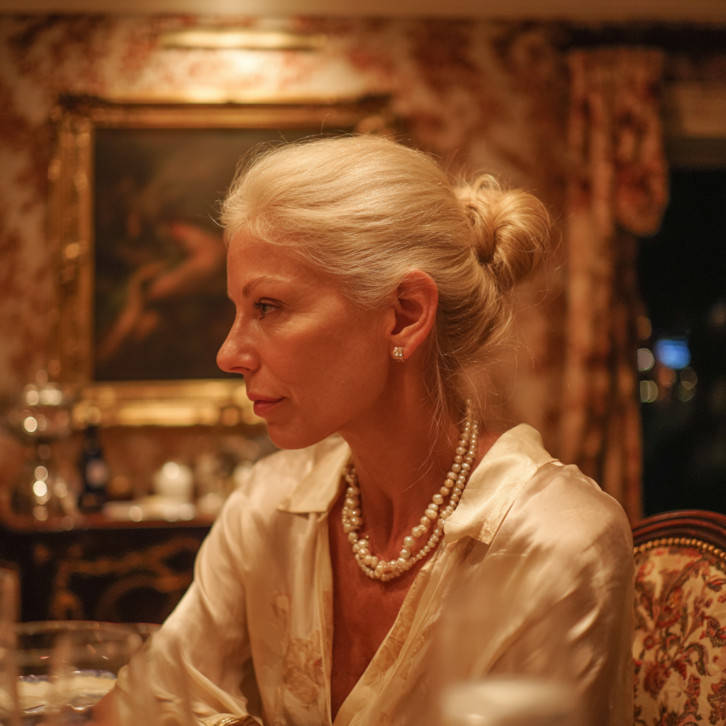 An older woman sitting at a table wearing silk and pearls | Source: Midjourney