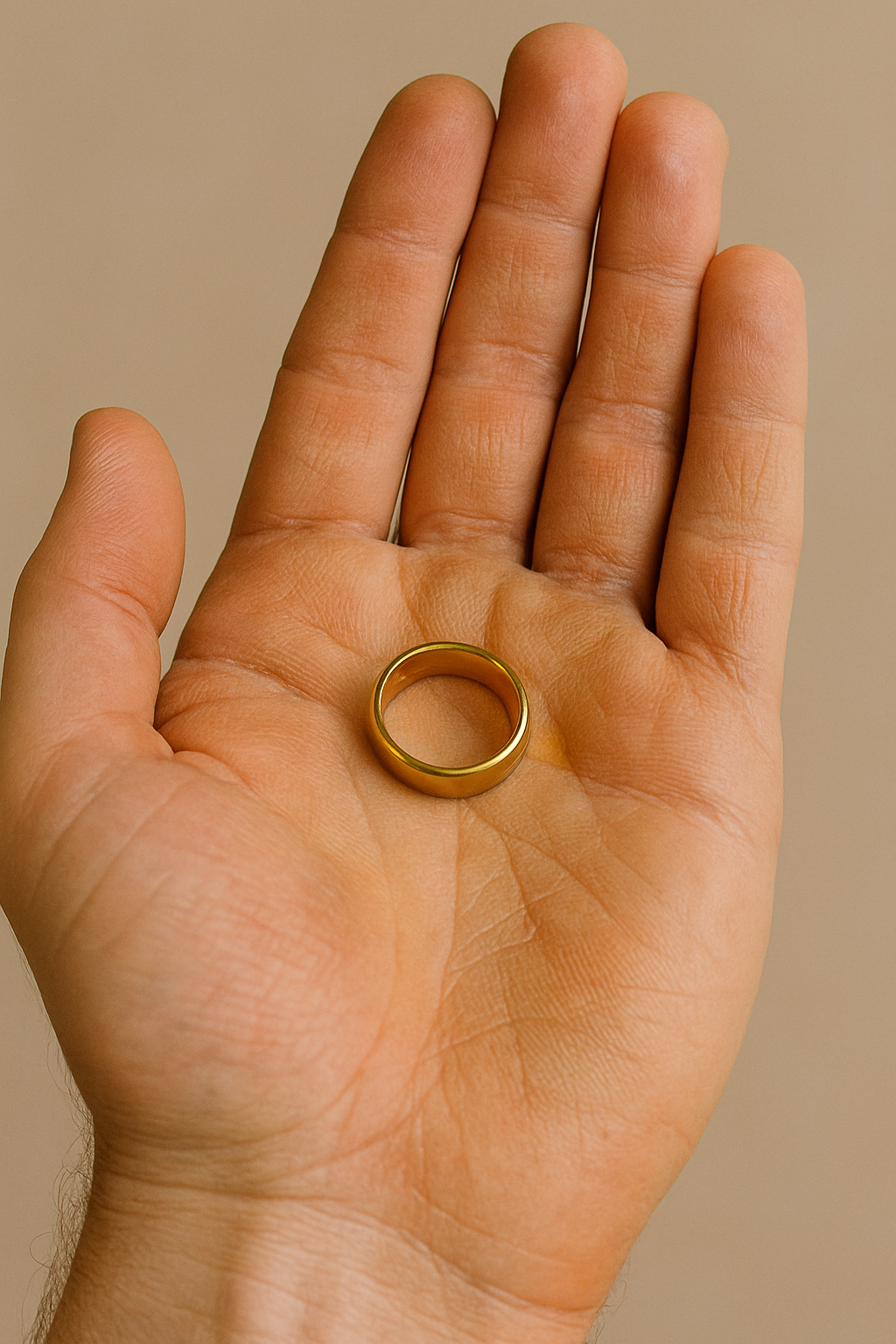 A wedding ring in the palm of a man's hand | Source: DALL-E