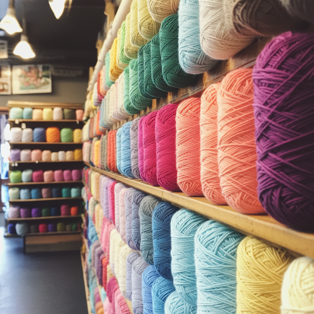 Rows of different colored yarn in a store | Source: Midjourney