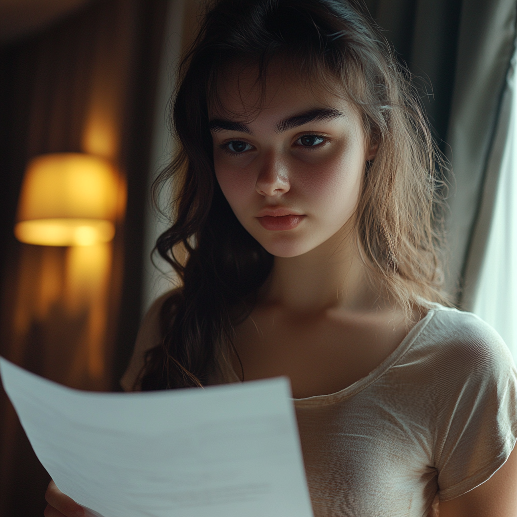 A young woman reading a note | Source: Midjourney