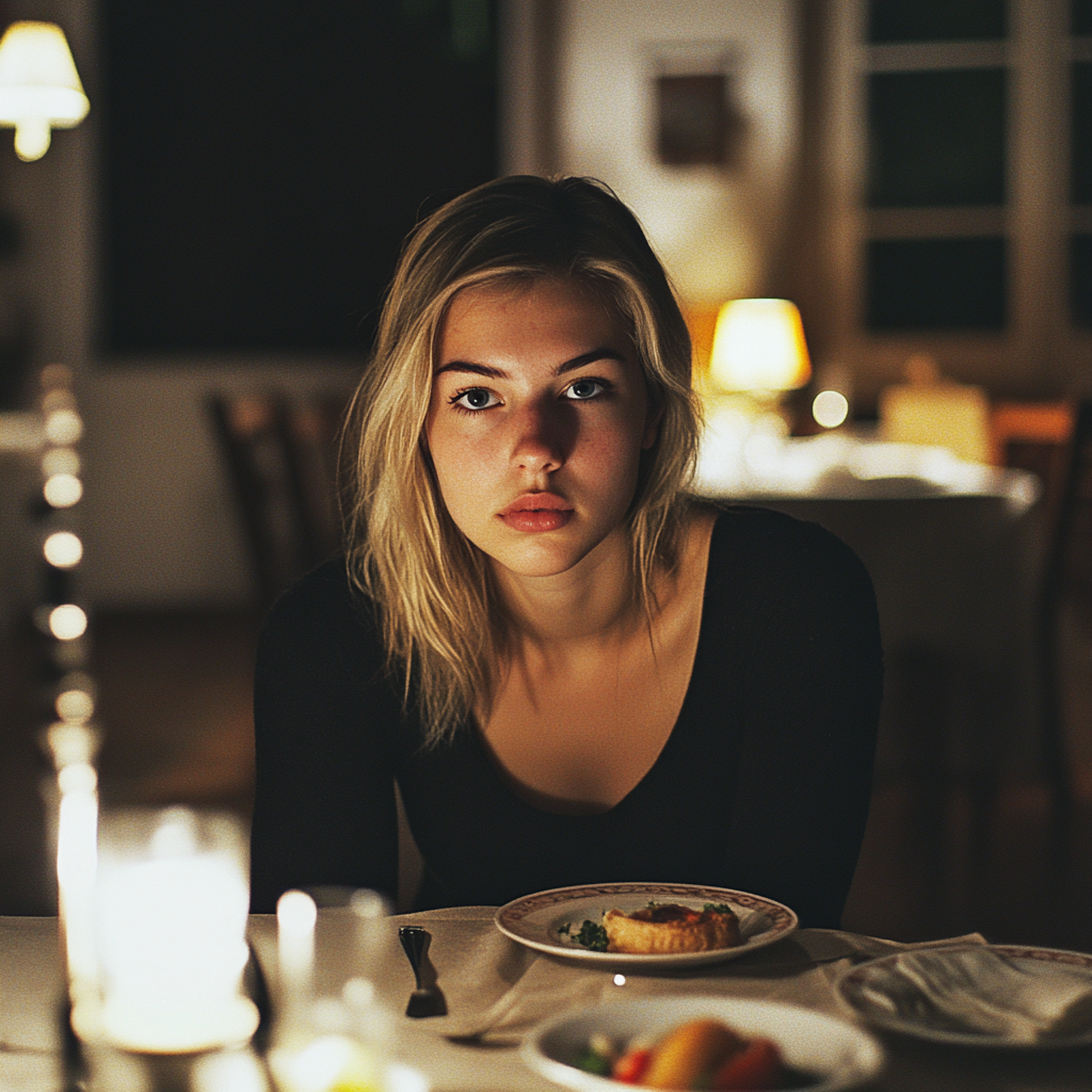 A serious woman at the dinner table | Source: Midjourney