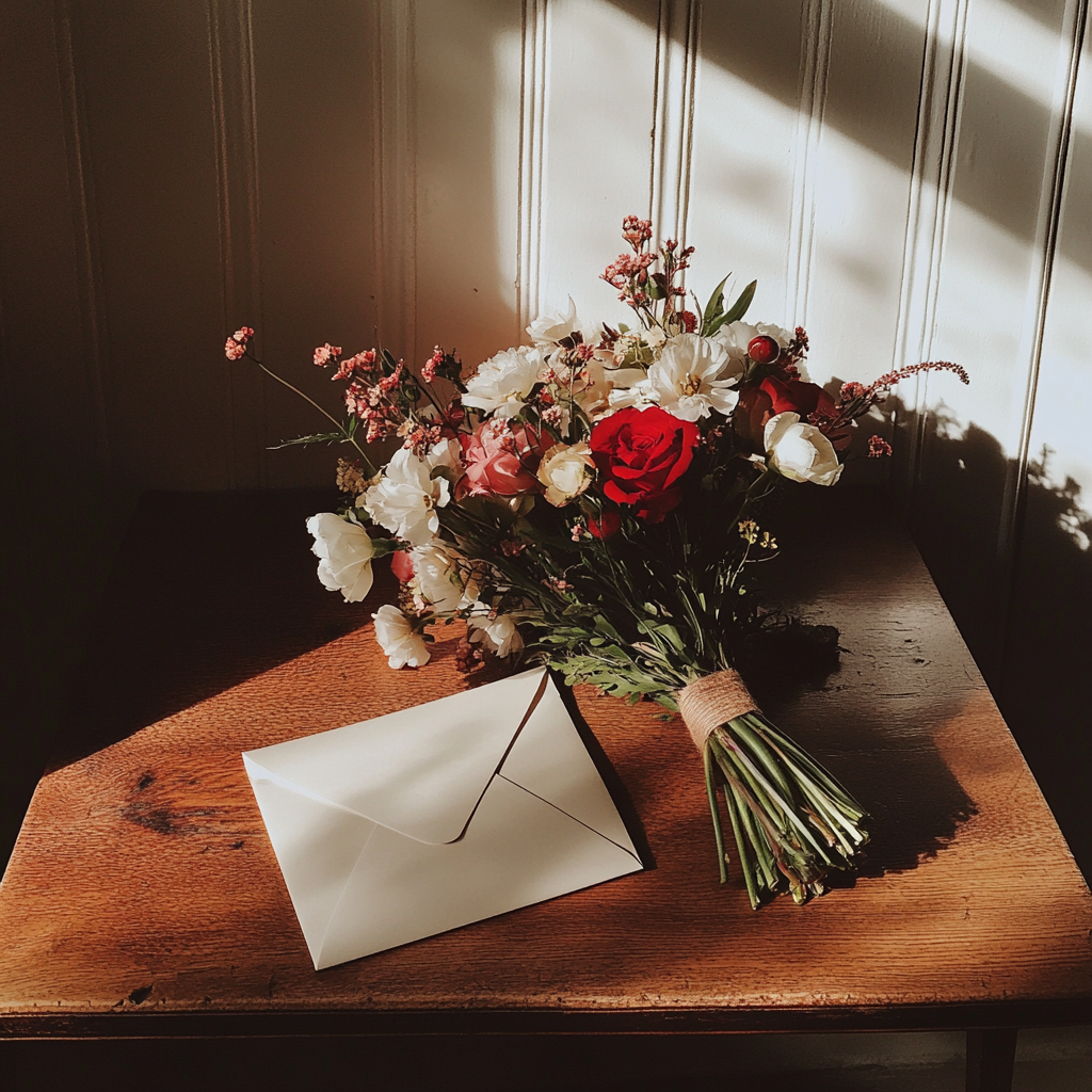 An envelope and a bouquet of flowers | Source: Midjourney