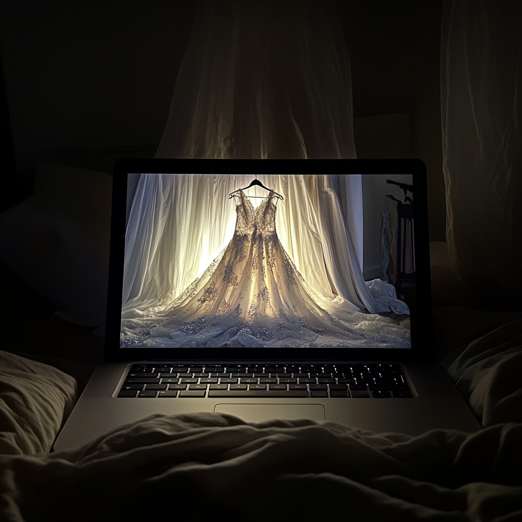 Um vestido de noiva na tela de um laptop | Fonte: Midjourney