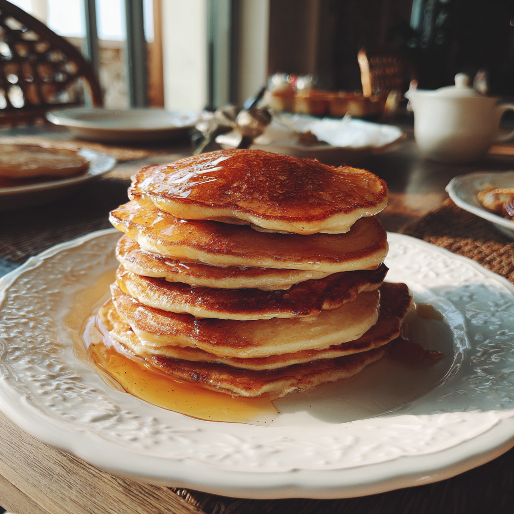 A stack of pancakes and syrup on a table | Source: Midjourney