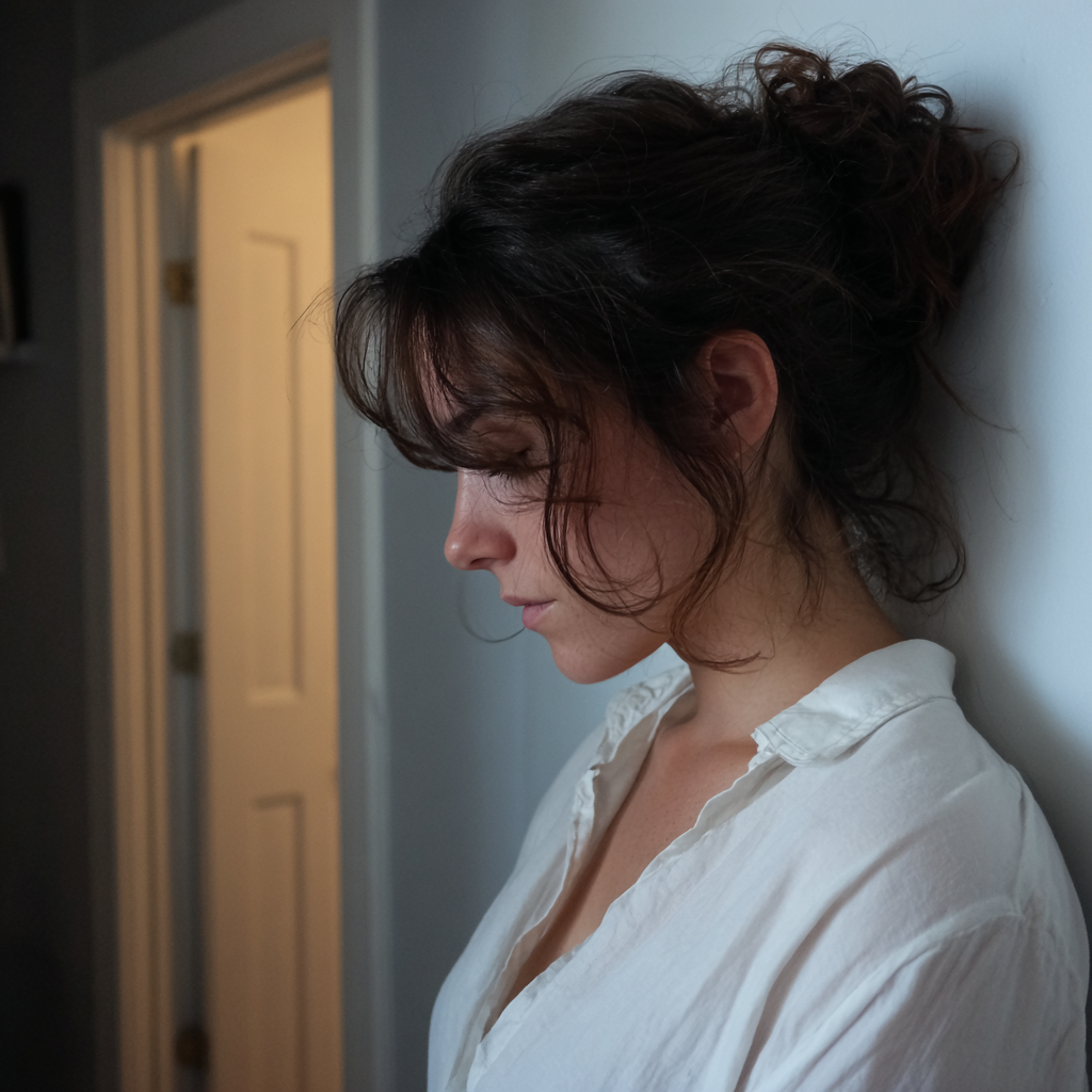An upset woman leaning against a wall | Source: Midjourney