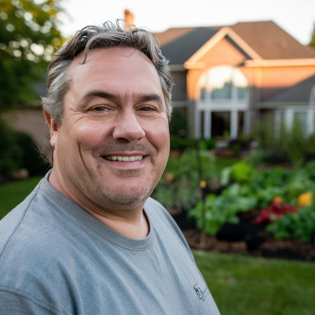 A man grinning confidently in a lush garden | Source: Midjourney