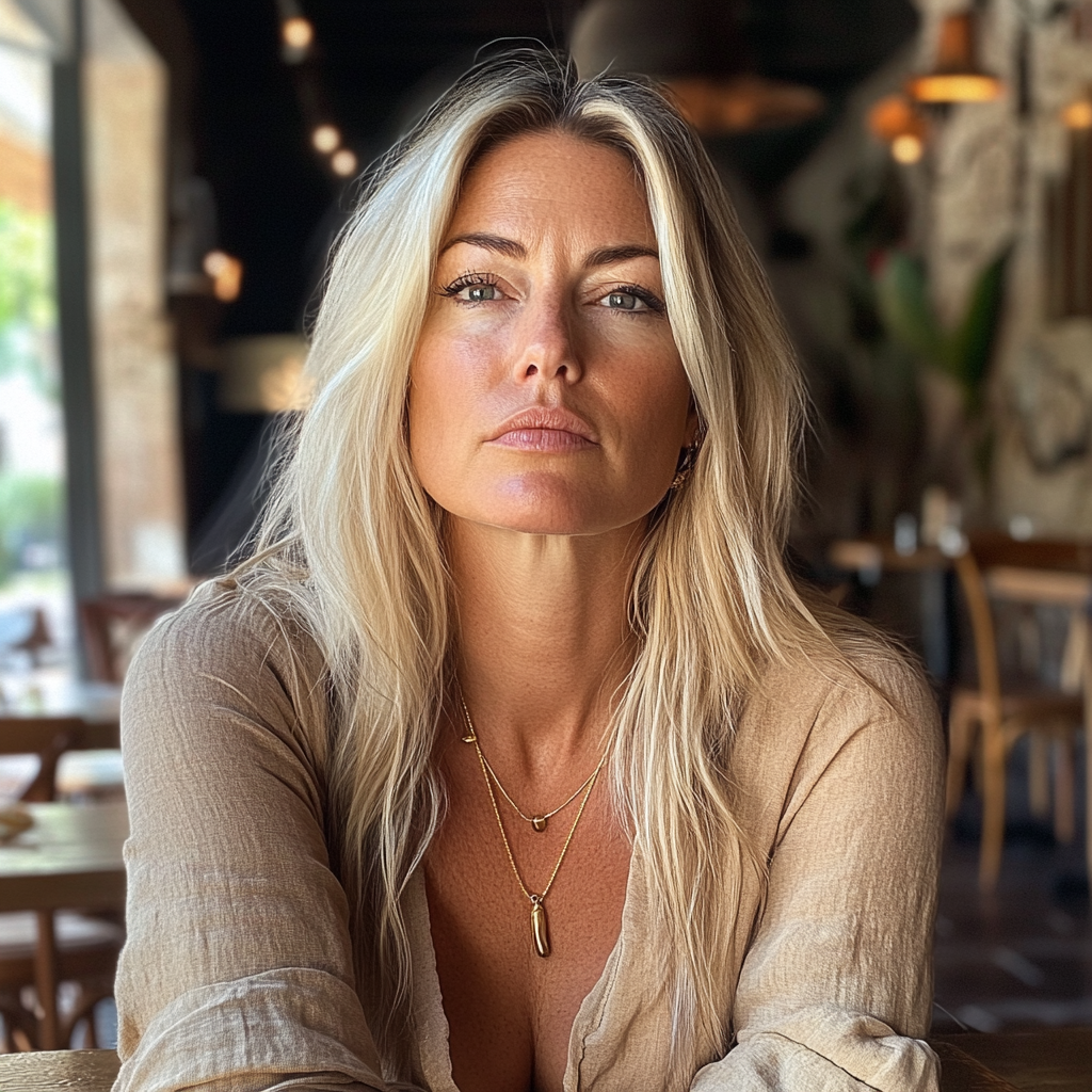 An upset woman wearing a tan blouse | Source: Midjourney