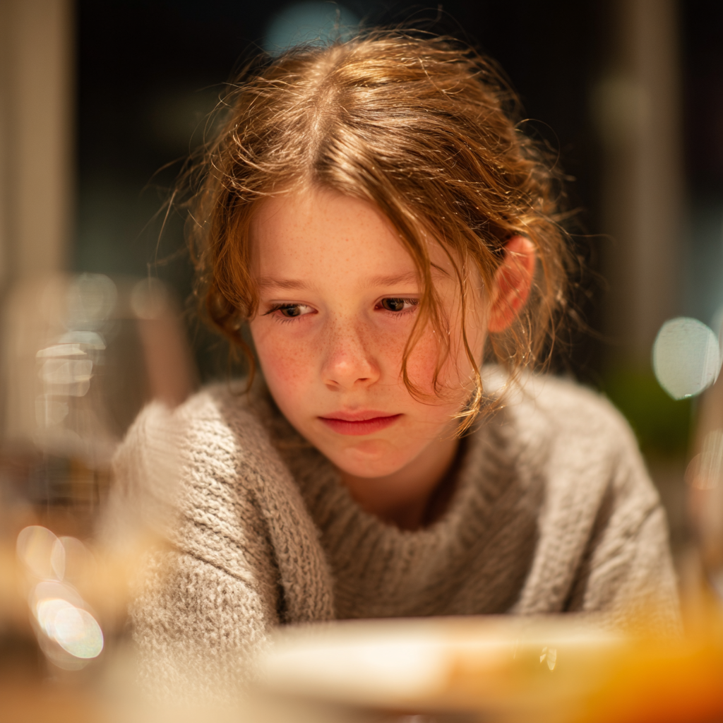 Smutna młoda dziewczyna na rodzinnym obiedzie | Źródło: Midjourney