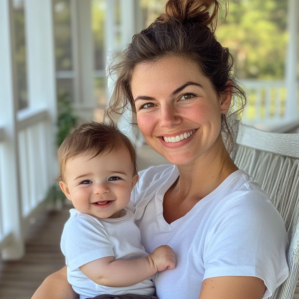 Uma mulher sorridente segurando um bebê feliz | Fonte: Midjourney