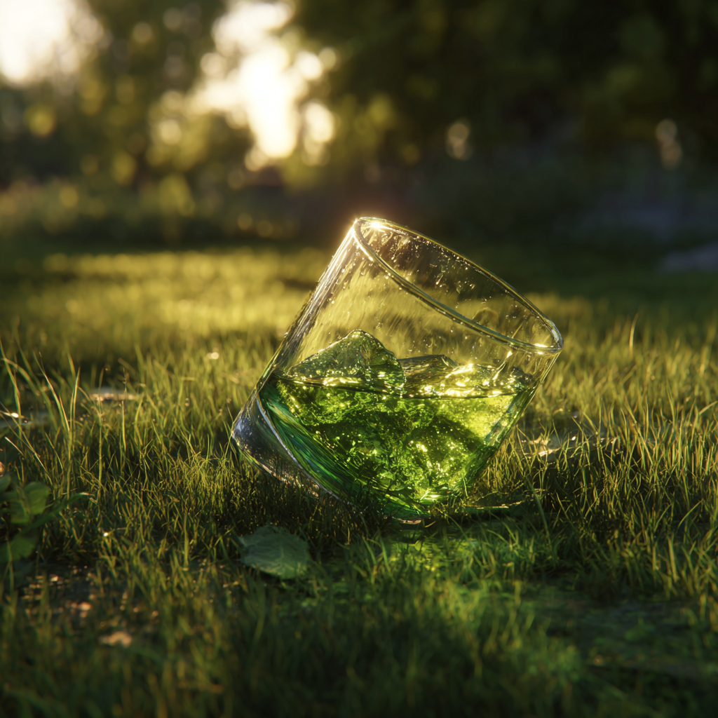 A glass of cooldrink falling onto a lawn | Source: Midjourney