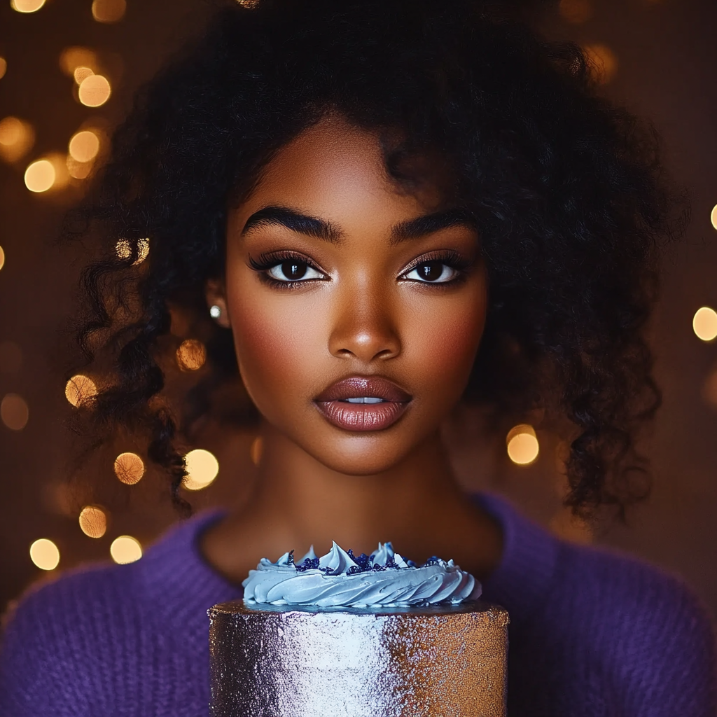 A woman holding a birthday cake | Source: Midjourney