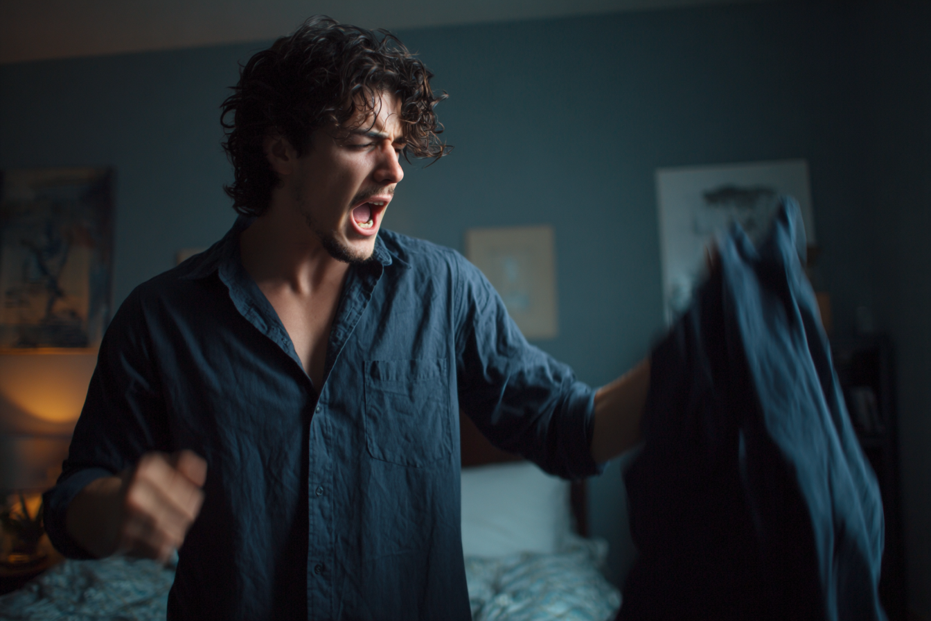 An angry man clutching a shirt | Source: Midjourney