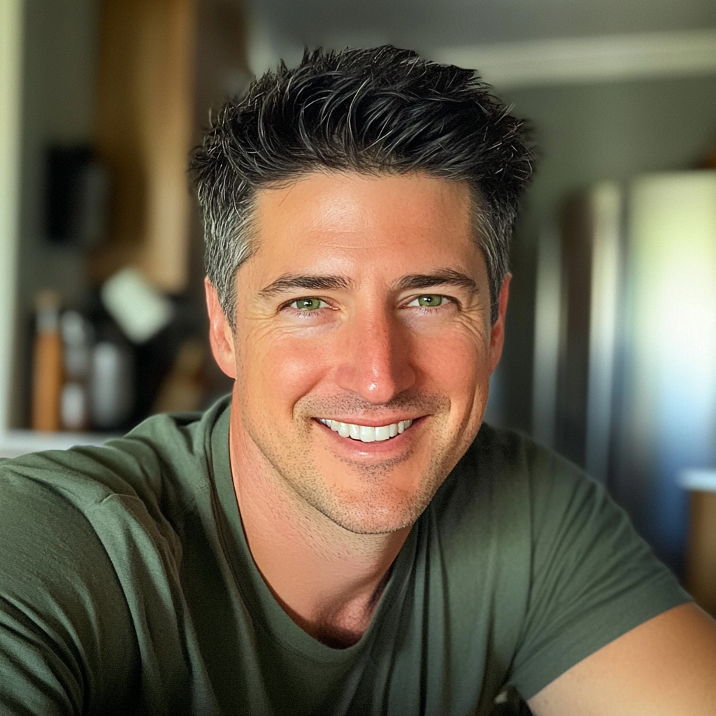 A smiling man sitting at a kitchen table | Source: Midjourney