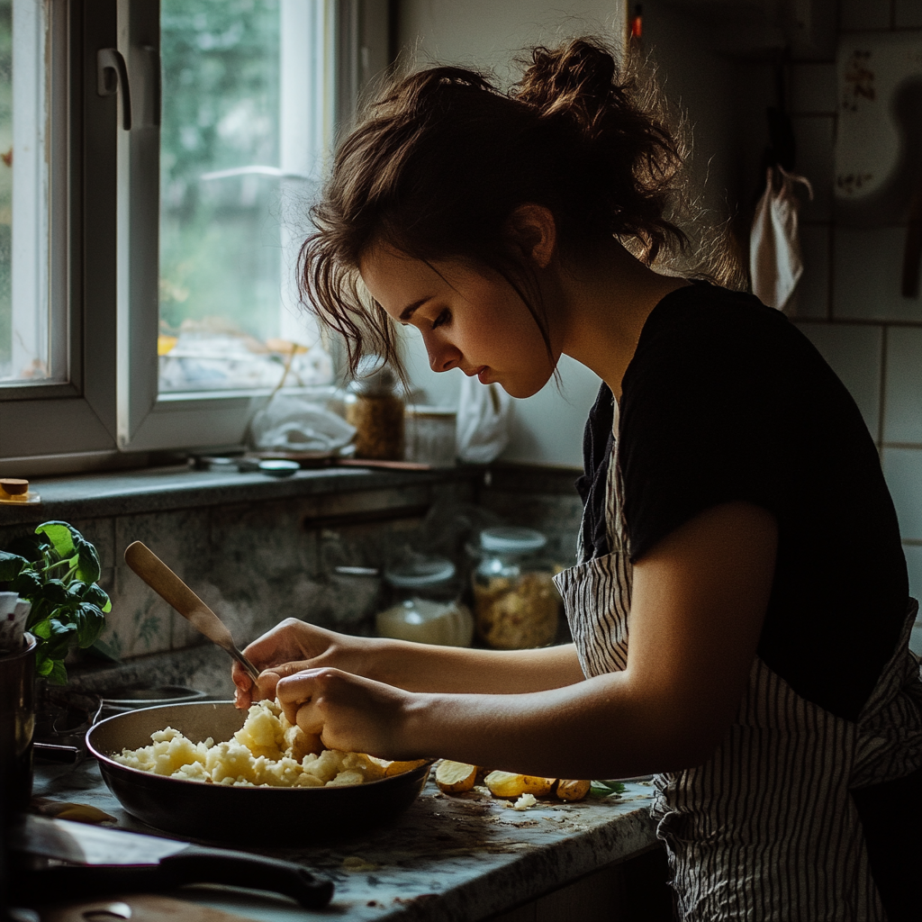 A woman working on mashed potatoes | Source: Midjourney