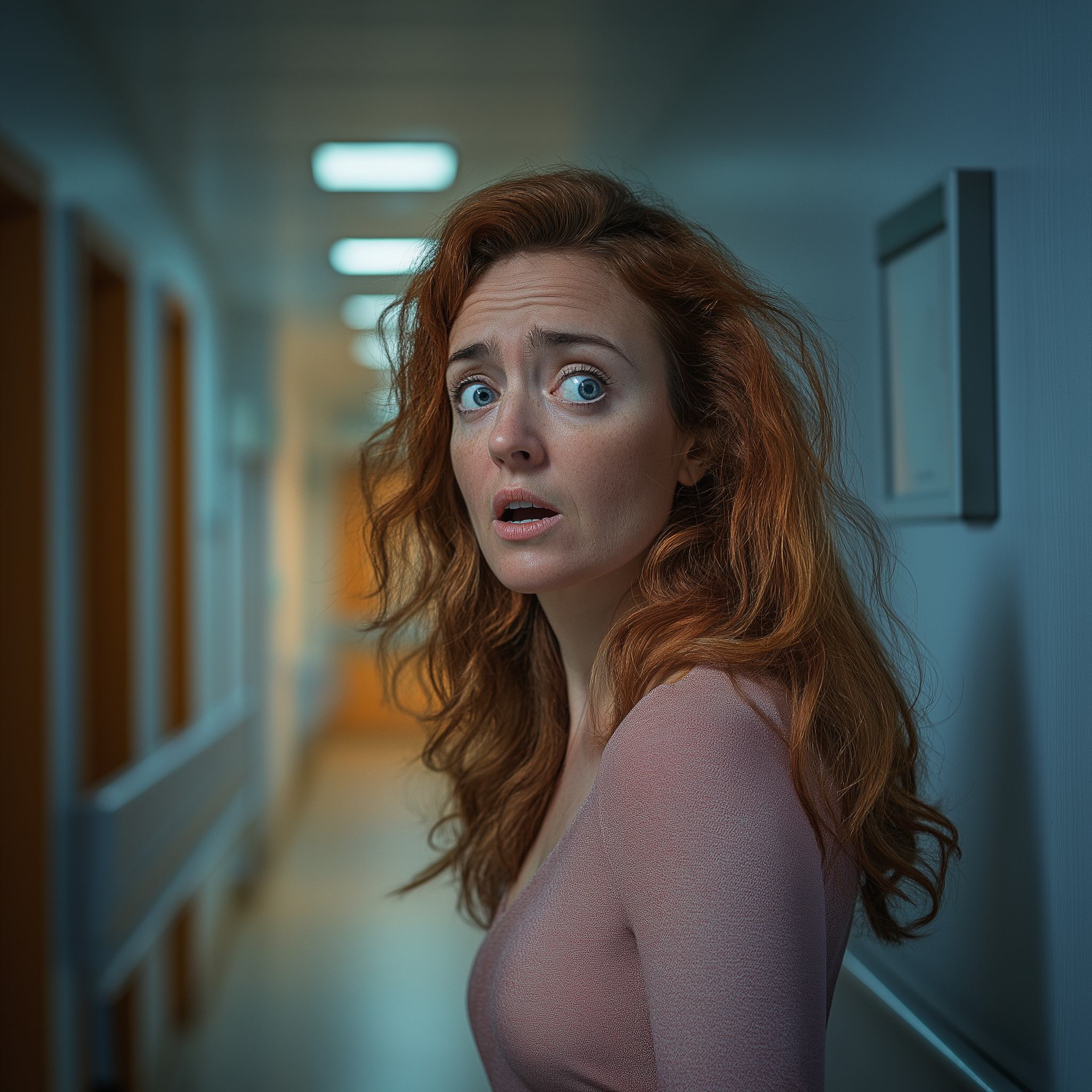 A surprised woman standing in a hospital corridor | Source: Midjourney