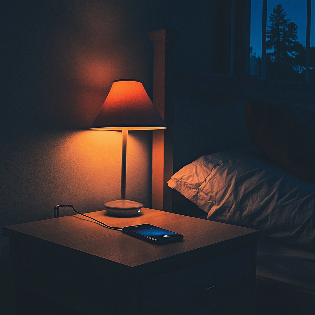 A phone plugged in and charging on a nightstand | Source: Midjourney