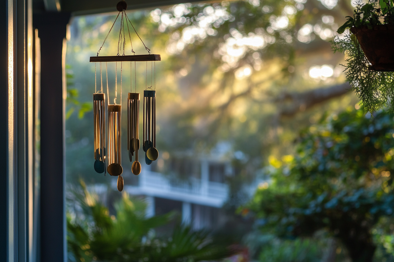 Wind chimes hanging on a porch | Source: Midjourney